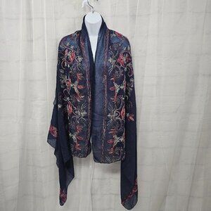 2Chic Blue Embroidered Floral Vest Sheer Boho Gauzy Festival OSFA